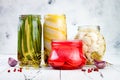 Marinated pickles variety preserving jars. Homemade green beans, squash, radish, cauliflower pickles. Fermented food Royalty Free Stock Photo