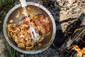 Marinated pork in a metal bowl. Delicacies prepared for grilling Royalty Free Stock Photo