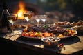 Marinated rabbit barbecue, bright flames and an outdoor lunch in the w Royalty Free Stock Photo