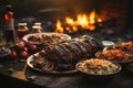 Marinated rabbit barbecue, bright flames and an outdoor lunch in the w Royalty Free Stock Photo