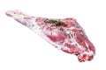 Marinated raw lamb mutton Leg Thigh with thyme and spices. Isolated, white background. Royalty Free Stock Photo