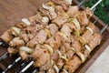 Marinated raw pork skewers with onion rings on skewers. Barbecue With Delicious Grilled Meat Royalty Free Stock Photo