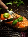 Marinated salmon with basil and sesame seeds on slice of bread