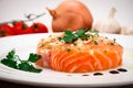 Marinated salmon fillet on plate Royalty Free Stock Photo