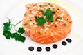 Marinated salmon fillet on plate Royalty Free Stock Photo