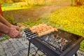 Marinated shashlik preparing on a barbecue grill over charcoa, toned