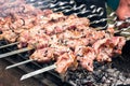 Marinated shashlik preparing on a barbecue grill over charcoal. Roasted stacked meat Shish kebab popular Eastern Europe. Shashlyk