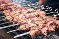 Marinated shashlik preparing on a barbecue grill over charcoal. Roasted stacked meat Shish kebab popular Eastern Europe. Shashlyk Royalty Free Stock Photo