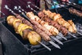 Marinated shashlik preparing on a barbecue grill over charcoal. Shashlik or Shish kebab popular in Eastern Europe. Shashlyk skewe Royalty Free Stock Photo