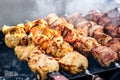 Marinated shashlik preparing on a barbecue grill over charcoal. Shashlik or Shish kebab popular in Eastern Europe. Royalty Free Stock Photo