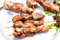 Marinated shashlik preparing on a barbecue grill over charcoal. Shashlik or Shish kebab popular in Eastern Europe. Shashlyk skewe Royalty Free Stock Photo