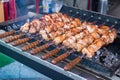 Marinated shashlik preparing on a barbecue grill over charcoal skewered meat