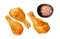 Marinated and Smoked chicken legs drumsticks Isolated on white background, top view. Royalty Free Stock Photo