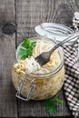 Marinated sprouted mung beans in glass jar on wooden table Royalty Free Stock Photo