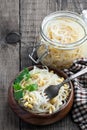 Marinated sprouted mung beans in glass jar on wooden table Royalty Free Stock Photo