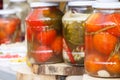 Marinated tomatoes in glass jar. Healthy snack Royalty Free Stock Photo
