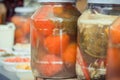 Marinated tomatoes in glass jar. Healthy snack Royalty Free Stock Photo