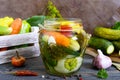 Marinated vegetables in a glass jar. Assorted cucumbers, peppers, carrots, patissons, zucchini. Royalty Free Stock Photo