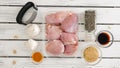Marinating raw chicken meat with soy sauce, black pepper, turmeric, seasoning, and fresh garlic can be an excellent way to bring Royalty Free Stock Photo