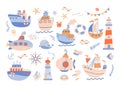 Marine adventures set. Cute whale and funny crab, sailor team objects. Kids ship, sailboat and submarine, childish sea