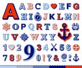 Marine alphabet and number set with nautical icons Royalty Free Stock Photo