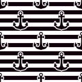 Marine anchor icon. Vector Seamless pattern. Black isolated on white and black striped background. Royalty Free Stock Photo