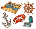 Marine anchor, nautical sailing equipment sketch vector