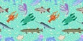 Marine animals, fish and octopus, jellyfish and narwhal. Seamless pattern, childrens ornament design, wild animals for