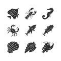 Marine animals glyph icons set. Swimming shark, anglerfish. Underwater creature. Aquatic organism. Seafood restaurant Royalty Free Stock Photo