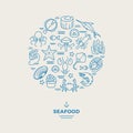 Marine animals, seafood thin line icons in circle design. Restaurant modern logo