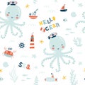 Marine animals seamless pattern. Childish print. Undersea world inhabitants. ÃÅ¾ctopus, whale, fish, crab, sea transport. Vector Royalty Free Stock Photo