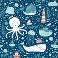 Marine animals seamless pattern. Childish print. Undersea world inhabitants. ÃÅ¾ctopus, whale, fish, crab, sea transport. Vector