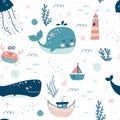 Marine animals seamless pattern. Childish print. Undersea world inhabitants. ÃÅ¾ctopus, whale, fish, crab, sea transport. Vector Royalty Free Stock Photo