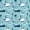 Marine animals seamless pattern. Childish print. Undersea world inhabitants. ÃÅ¾ctopus, whale, fish, crab, sea transport. Vector