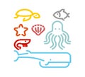 Marine animals set linear symbol icon. Octopus and turtle, fish and shrimp. Whale and starfish. Sea animal line sign Royalty Free Stock Photo