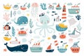 Marine animals set. Undersea world inhabitants. ÃÅ¾ctopus, whale, fish, crab, sea transport. Vector Royalty Free Stock Photo