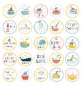 Marine animals stickers. Undersea world inhabitants. ÃÅ¾ctopus, whale, fish, crab, sea transport. Vector Royalty Free Stock Photo