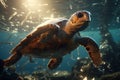 Marine animals turtle entangled in plastic debris. Underwater pollution impact