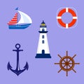 Marine attributes. Anchor, lifebuoy, lighthouse, ship, steering wheel