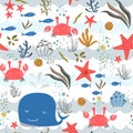 Marine baby seamless pattern with cute marine life