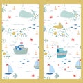 Marine baby seamless pattern with cute marine life