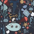 Marine baby seamless pattern with cute marine life