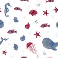 Marine baby seamless pattern with cute marine life