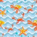 Marine background. Cartoon crabs, starfish, hermit crab. Royalty Free Stock Photo