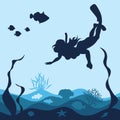 Marine background with a diving girl, corals and fish.