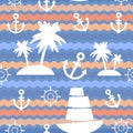 Marine background. Palms, anchor, steering wheel, wave background, seamless pattern. Vector