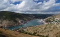 Marine Bay with Ukrainian ships against a background of mountains Royalty Free Stock Photo