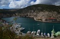 Marine Bay with Ukrainian ships against a background of mountains Royalty Free Stock Photo