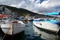 Marine Bay with Ukrainian ships against a background of mountains Royalty Free Stock Photo