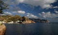 Marine Bay with Ukrainian ships against a background of mountains Royalty Free Stock Photo